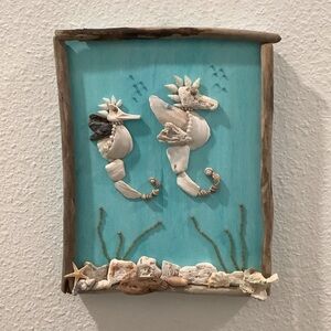 Driftwood Art, Seashell Jeweled Seahorses, Jeweled Seahorses Art, Coastal Art
